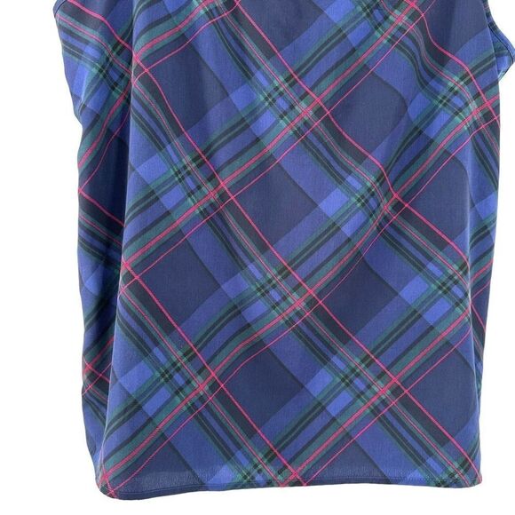 Talbots Plaid Top Blue Sleeveless Round Neck Size M Pin Tucked Classic Preppy - Picture 4 of 7